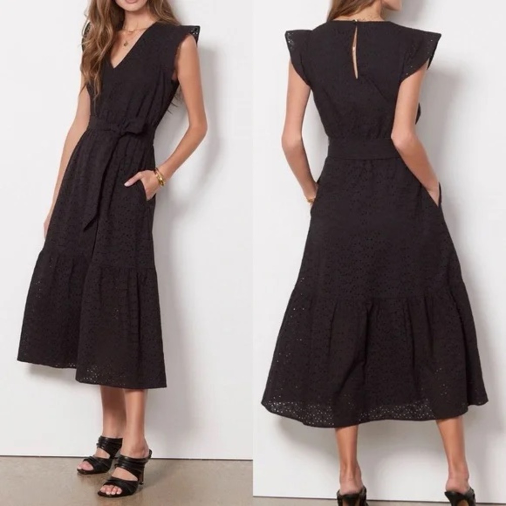 Evereve Elora Eyelet Midi Dress Black Sleeveless Belted size small